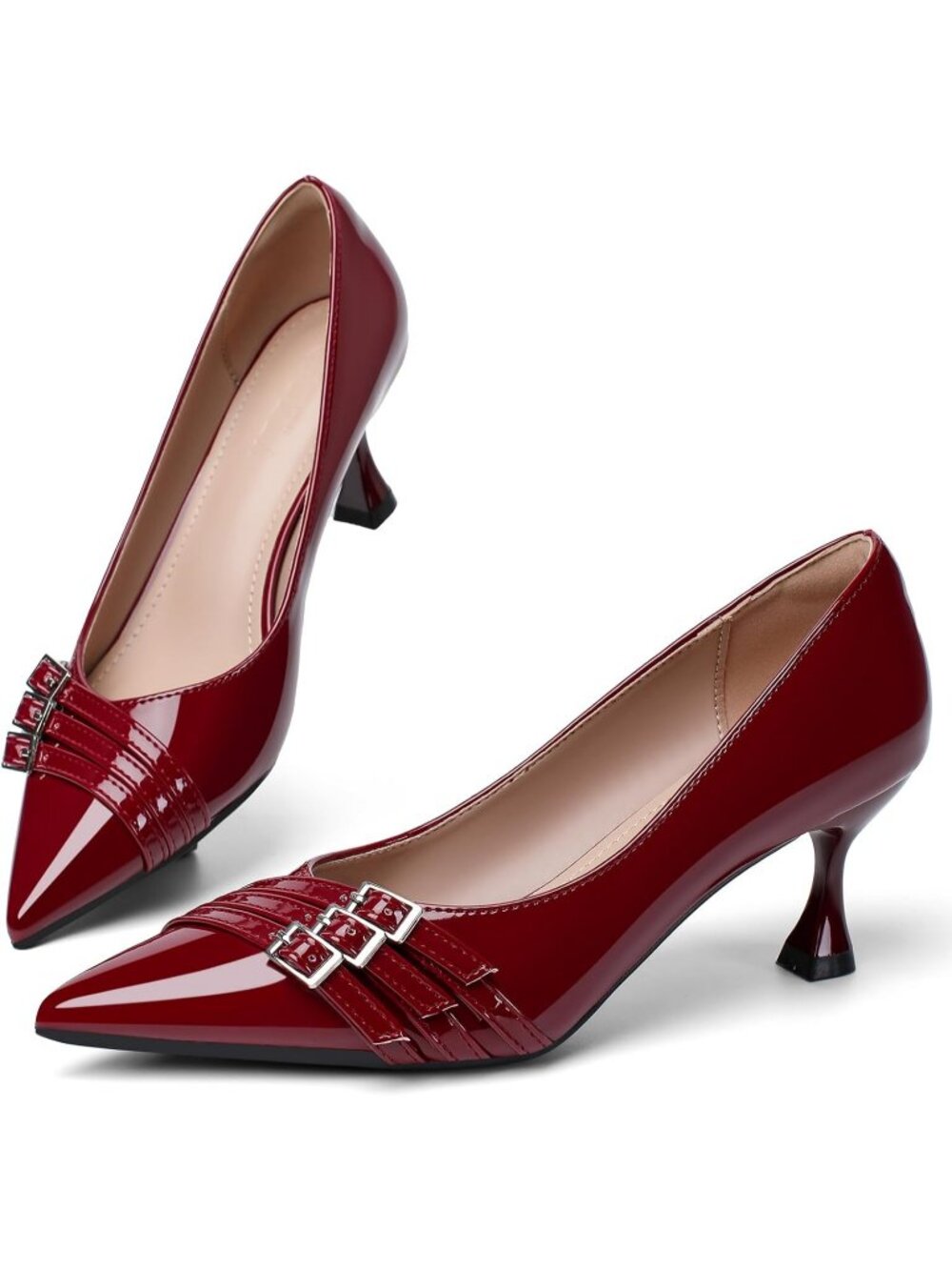 Women's Red Leather Kitten Heel Comfortable Closed Pointed Toe Party Pumps Shoes